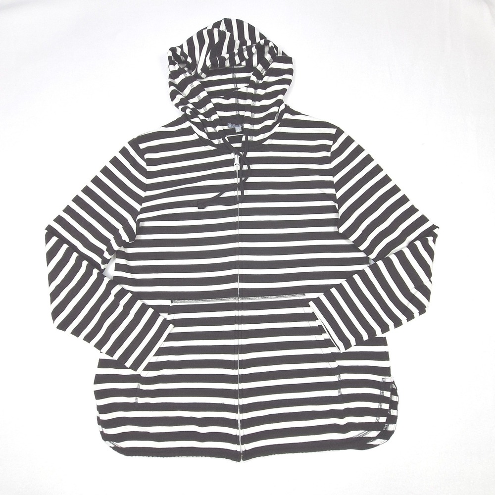 T by Talbots Hoodie Womens Large Black White Striped Full Zip UPF 50+ Athleisure